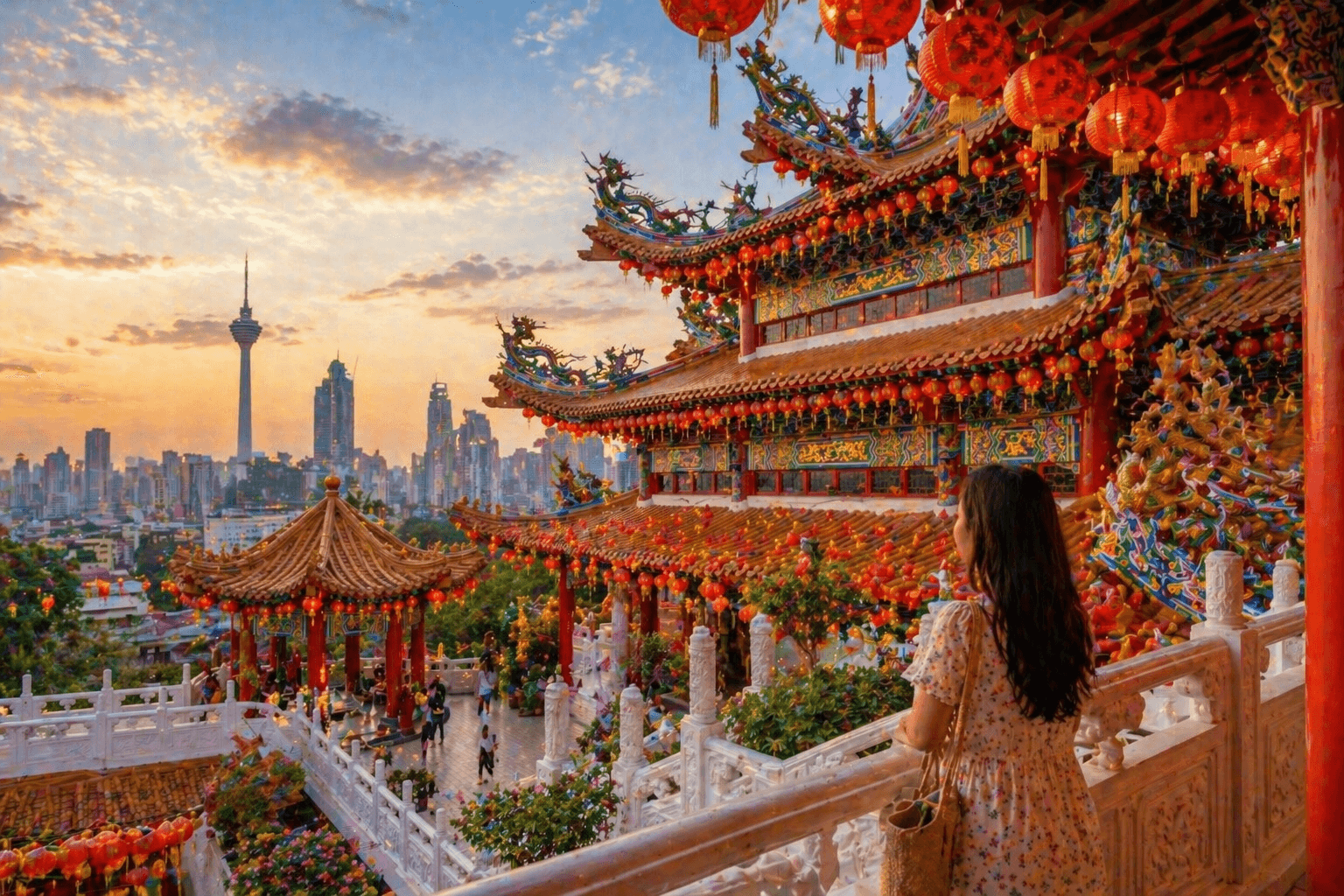 Thean Hou Temple in Kuala Lumpur with traditional Chinese architecture and city skyline view.