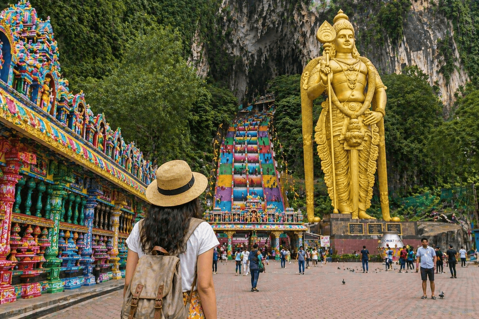 Batu Caves Kuala Lumpur with colorful stairs and Murugan statue.