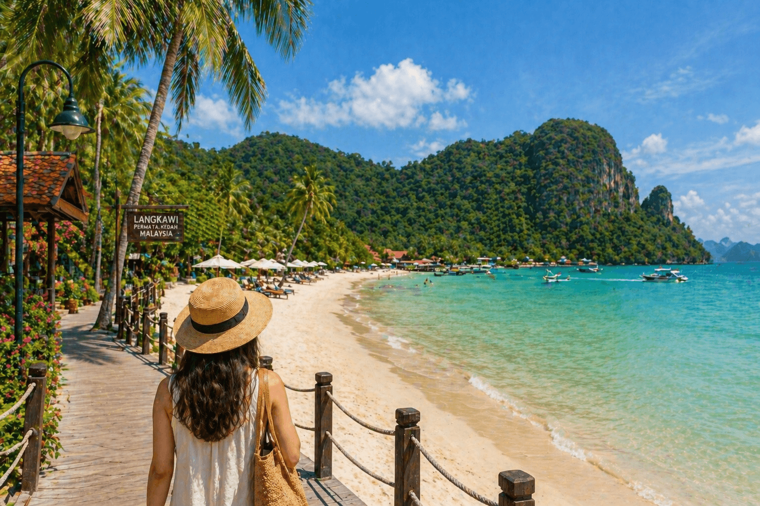 Langkawi beach Malaysia with clear water, palm trees, and tropical island scenery.