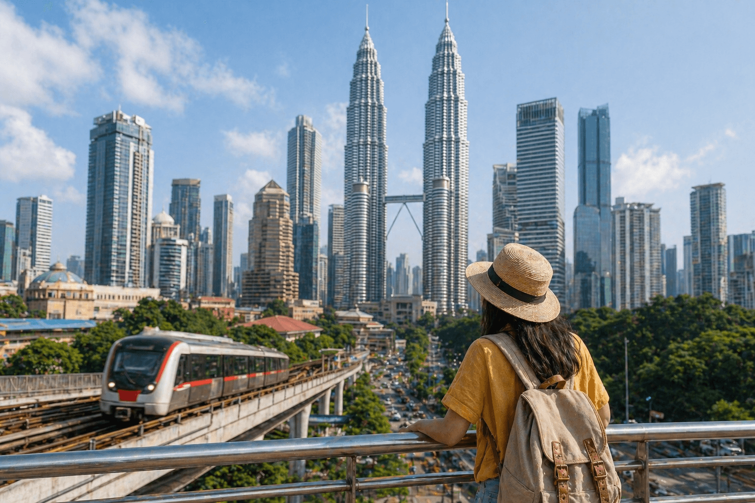 Traveler overlooking Kuala Lumpur skyline with Petronas Twin Towers and city train view.