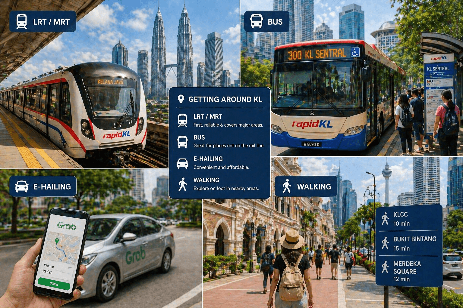 Kuala Lumpur public transport including train, bus, and city walking view with skyline.
