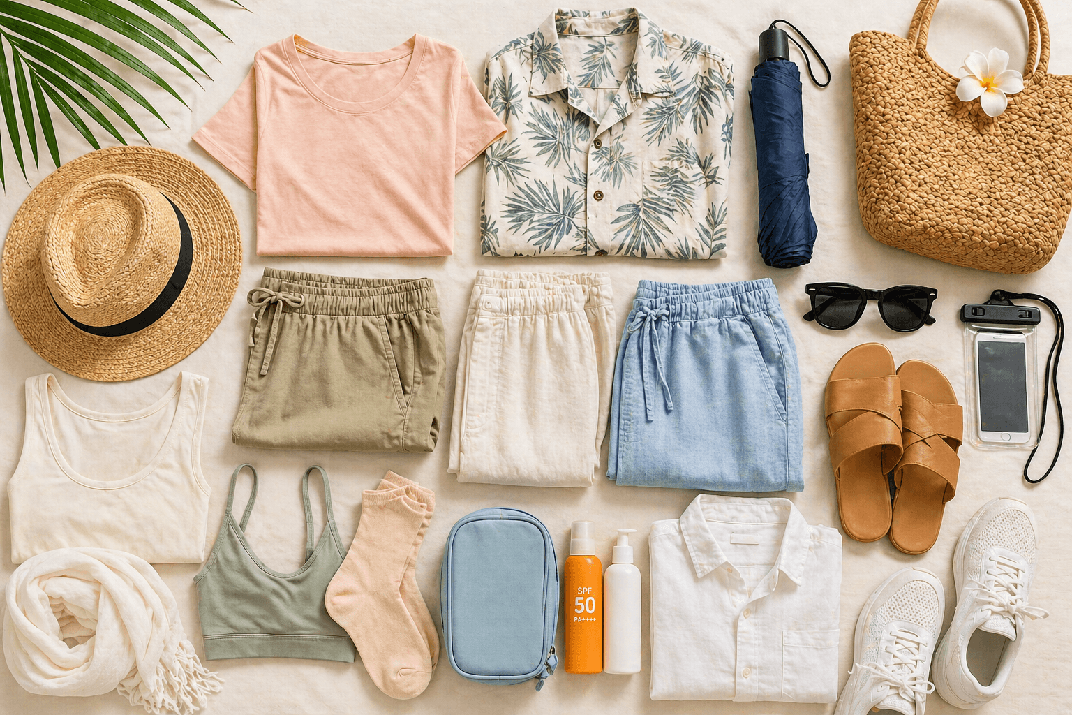 Flat lay of lightweight summer clothing and travel essentials for Malaysia, including breathable outfits, sandals, sunglasses, sunscreen, umbrella, and accessories for hot and humid weather.