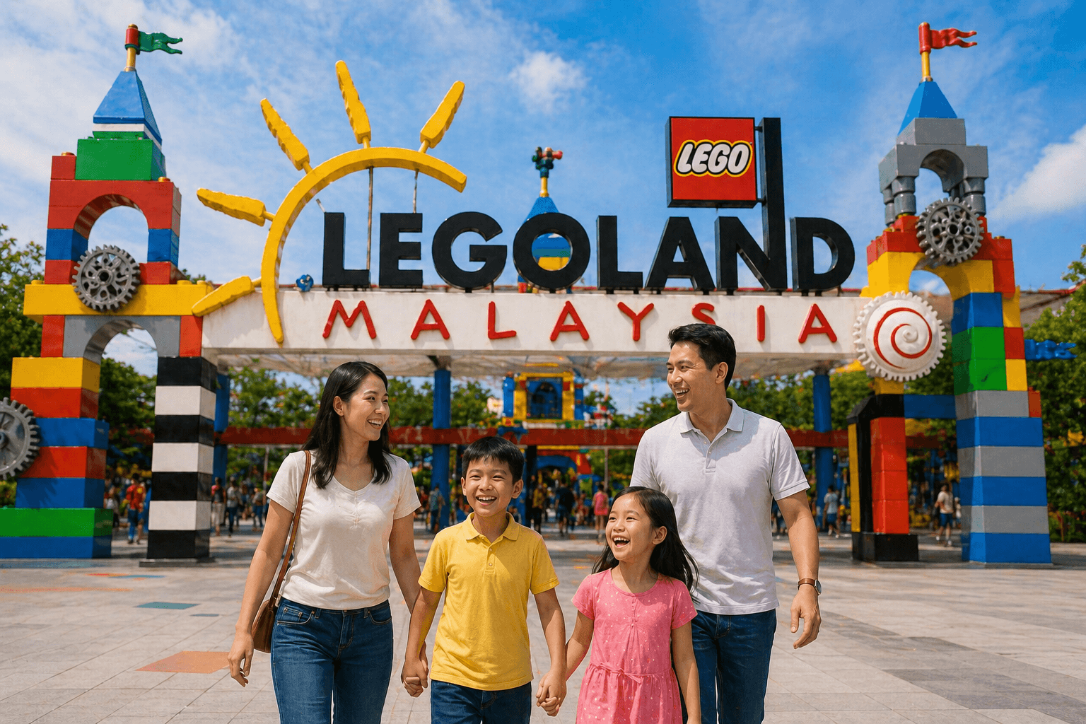 Family with children walking happily at the entrance of LEGOLAND Malaysia theme park with colorful structures and attractions in the background.