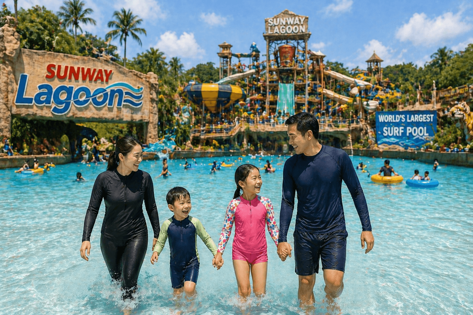 Family with kids enjoying a sunny day at Sunway Lagoon water park, walking through shallow water with slides and attractions in the background