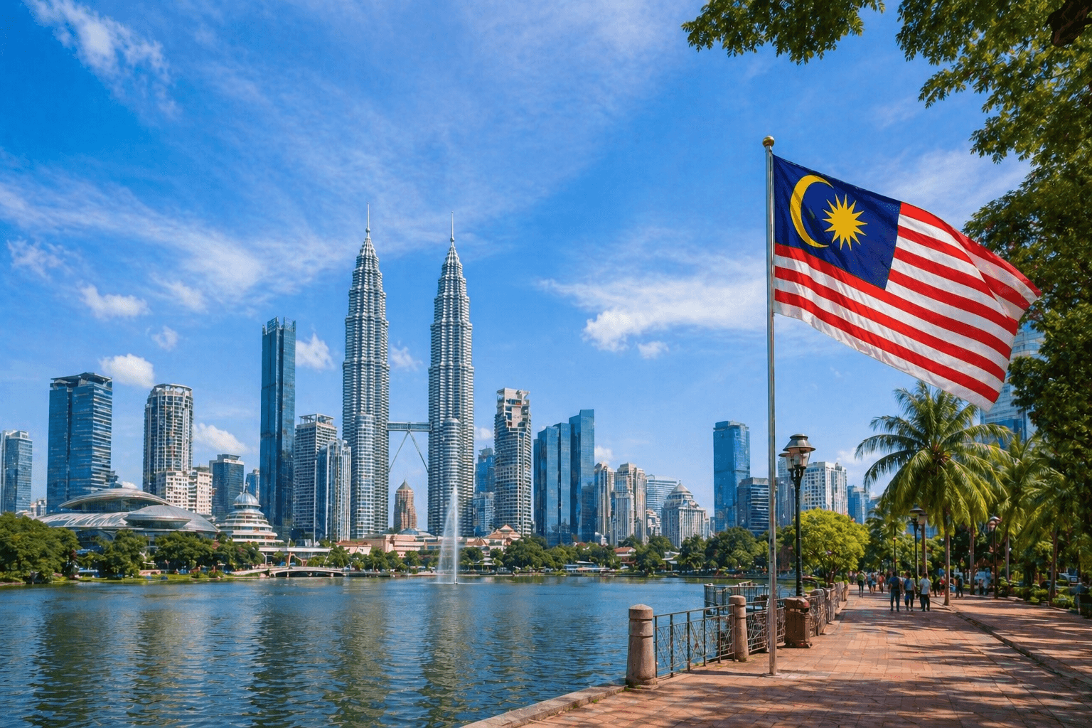 Sunny waterfront view of Kuala Lumpur skyline with Petronas Twin Towers and Malaysian flag along a lakeside promenade under clear blue skies.