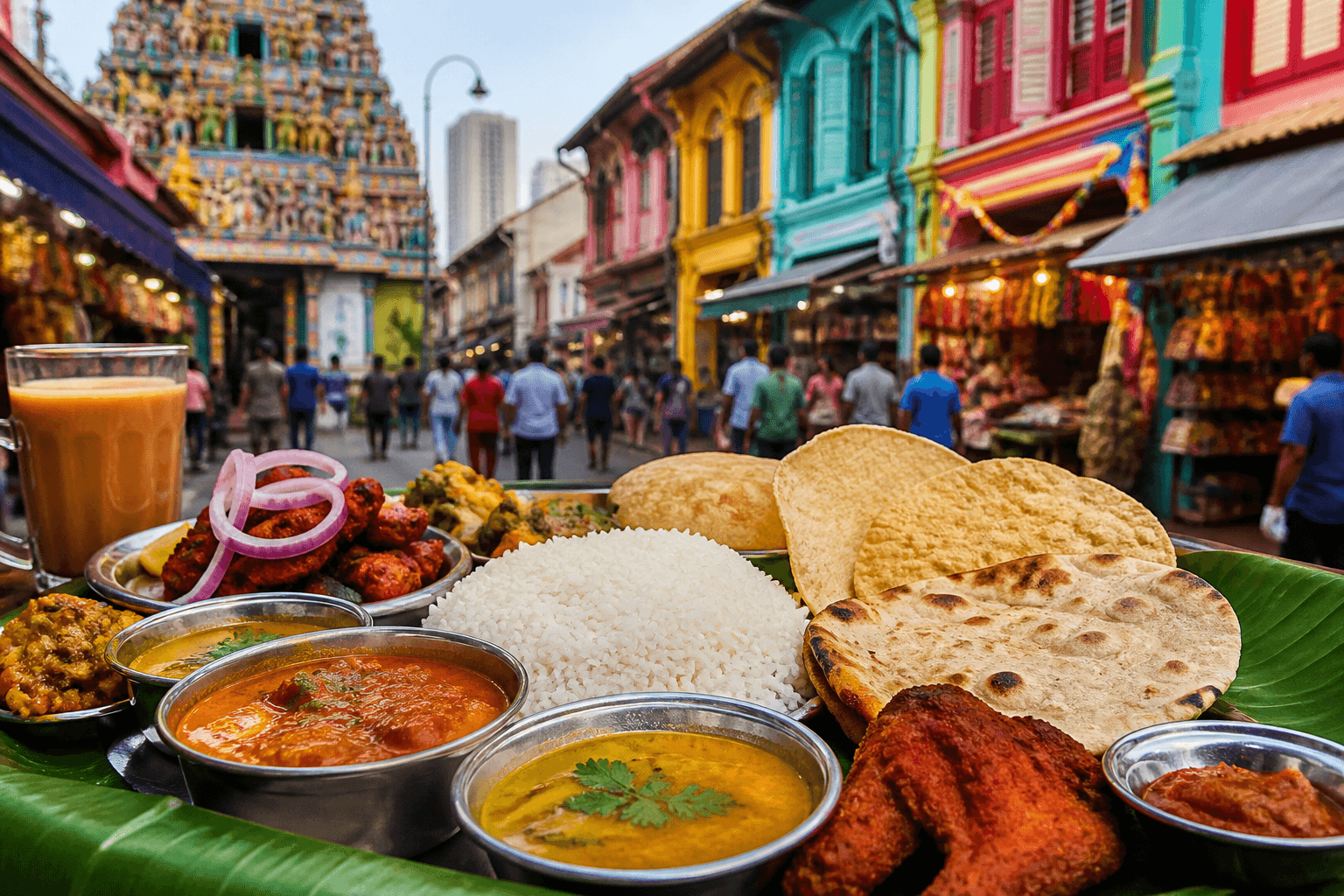 Vibrant Little India street in Singapore featuring a banana leaf meal with curries, rice, naan, and tea in the foreground, set against colorful shophouses and a bustling market scene.