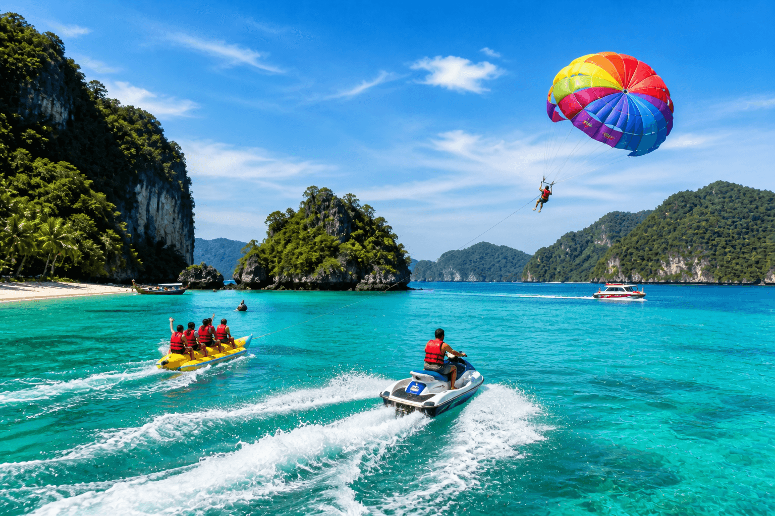 People enjoying water activities in Langkawi, with jet skis and boats on clear blue sea surrounded by tropical islands and bright sunny skies.