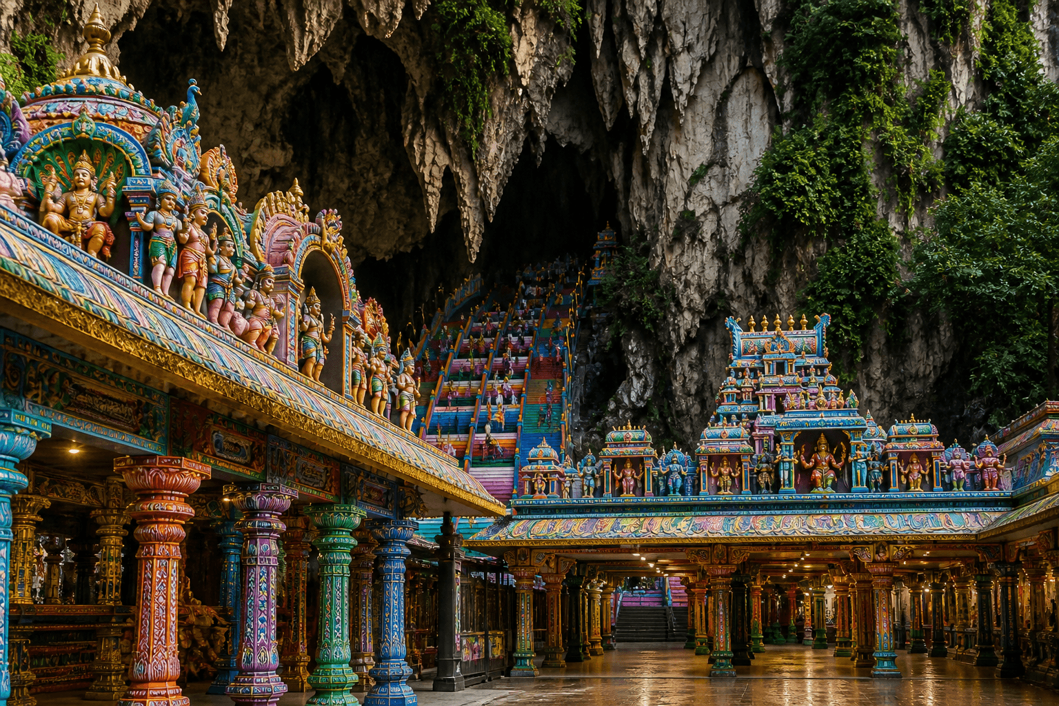 Batu Caves temple Malaysia inside limestone cave with colorful Hindu shrines and staircase